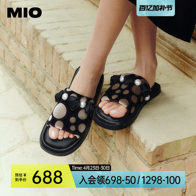 MIO米奥拖鞋女夏款休闲复古凉鞋时尚钻饰波点平跟外穿一字拖