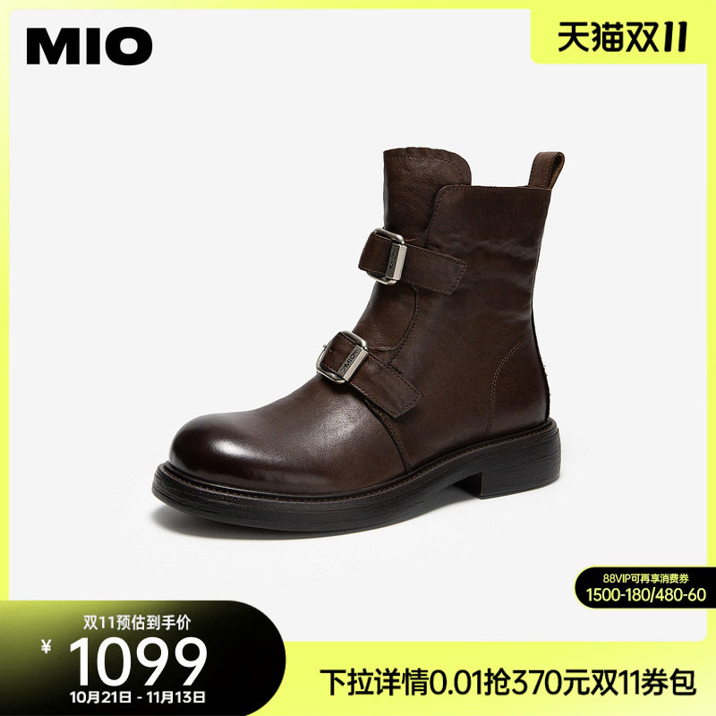 MIO米奥女鞋马丁靴牛皮革皮靴短靴冬新款复古厚底增高皮带扣靴子