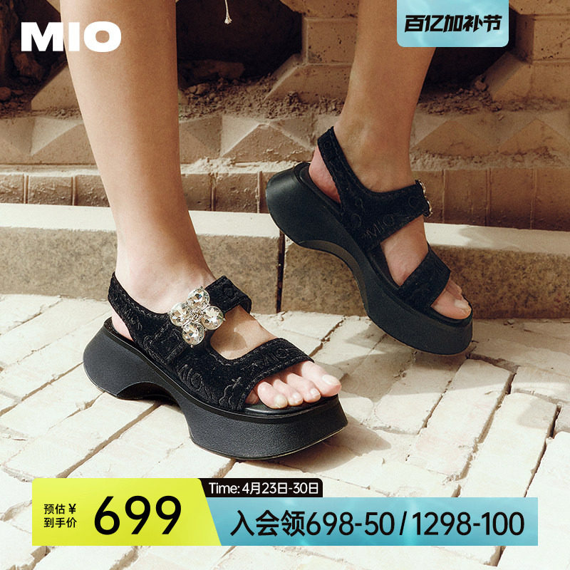 MIO米奥厚底黑色凉鞋女夏款水钻休闲魔术贴增高时尚沙发凉拖