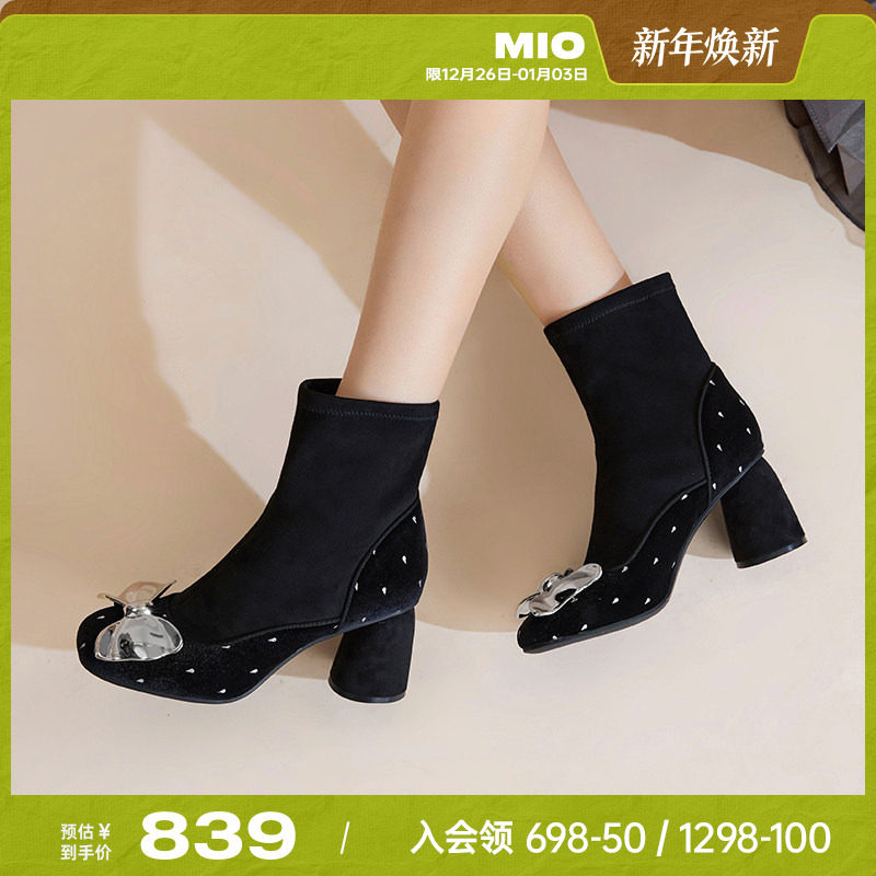 MIO米奥高跟时装靴冬短靴女款粗跟银色蝴蝶结时尚气质弹力袜靴
