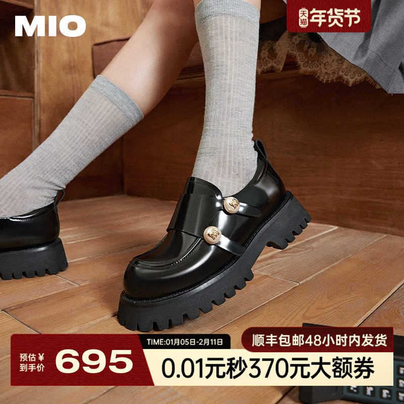 MIO米奥乐福鞋女春英伦粗跟单鞋豆豆鞋厚底黑色双搭扣轻便小皮鞋