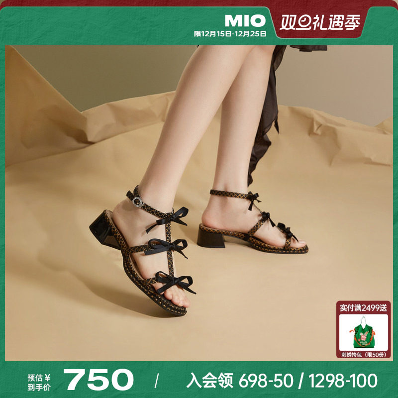 MIO米奥夏季拼色方头时装凉鞋蝴蝶结中跟时尚个性凉鞋女鞋