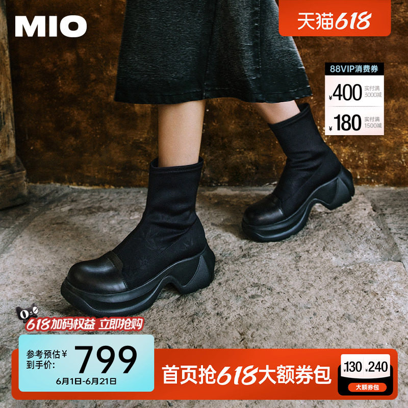 MIO米奥冬季高跟厚底弹力靴国风复古潮流运动靴增高中筒靴女