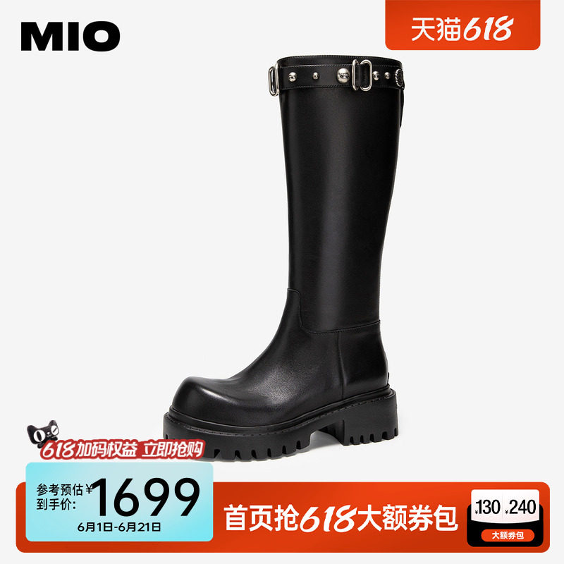 MIO米奥机车骑士靴厚底5cm女鞋冬季新款铆钉黑色牛皮革长靴