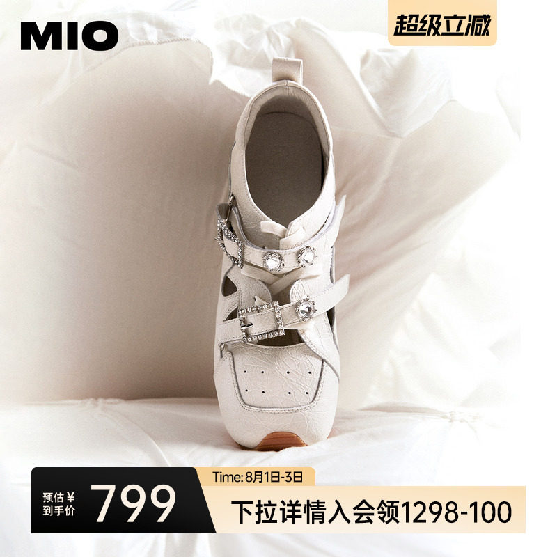 MIO米奥芭蕾运动玛丽珍2026春新款闪钻绑带女阿甘舞鞋裂纹皮单鞋