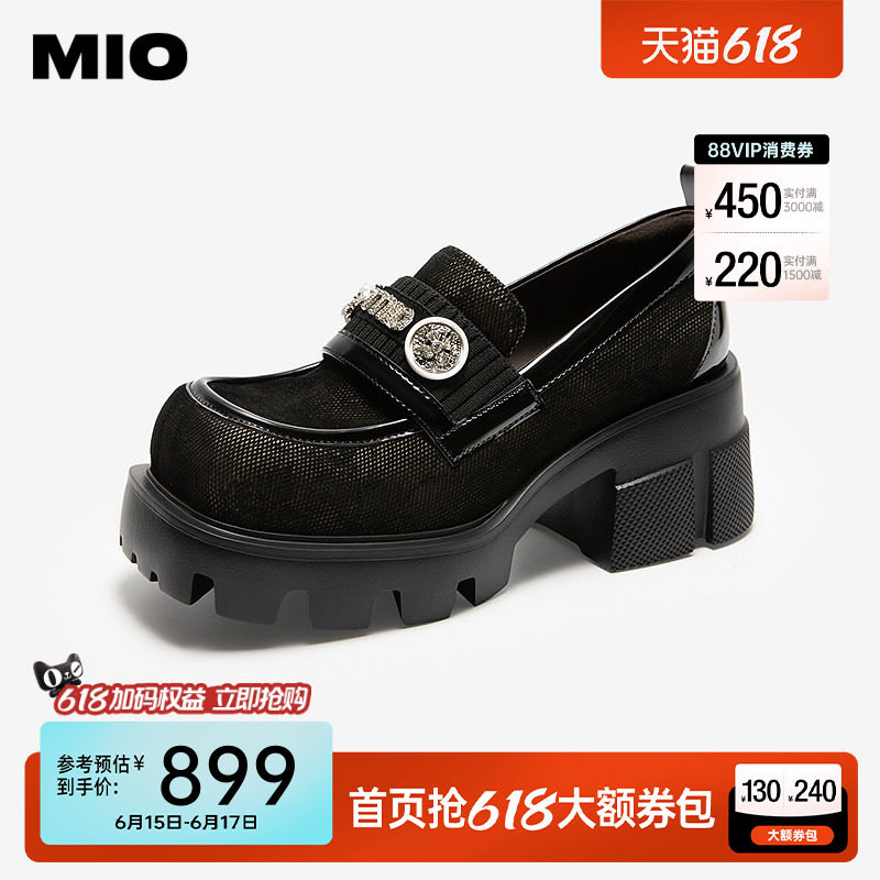 MIO米奥乐福鞋春夏款厚底增高英伦风黑色方头小皮鞋新中式女鞋