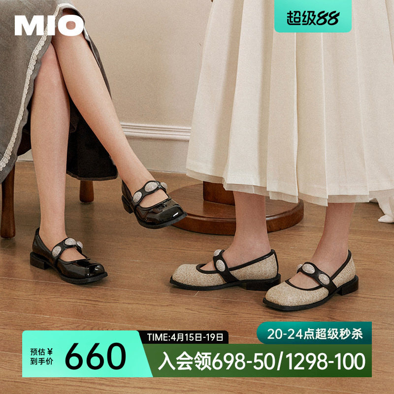 MIO米奥春款复古星光方头玛丽珍鞋黑色圆头小皮鞋粗跟闪钻女单鞋
