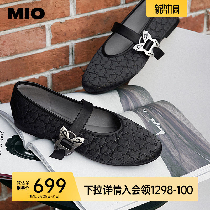 MIO米奥春季编织休闲船鞋复古玛丽珍鞋蝴蝶金属时尚布面单鞋