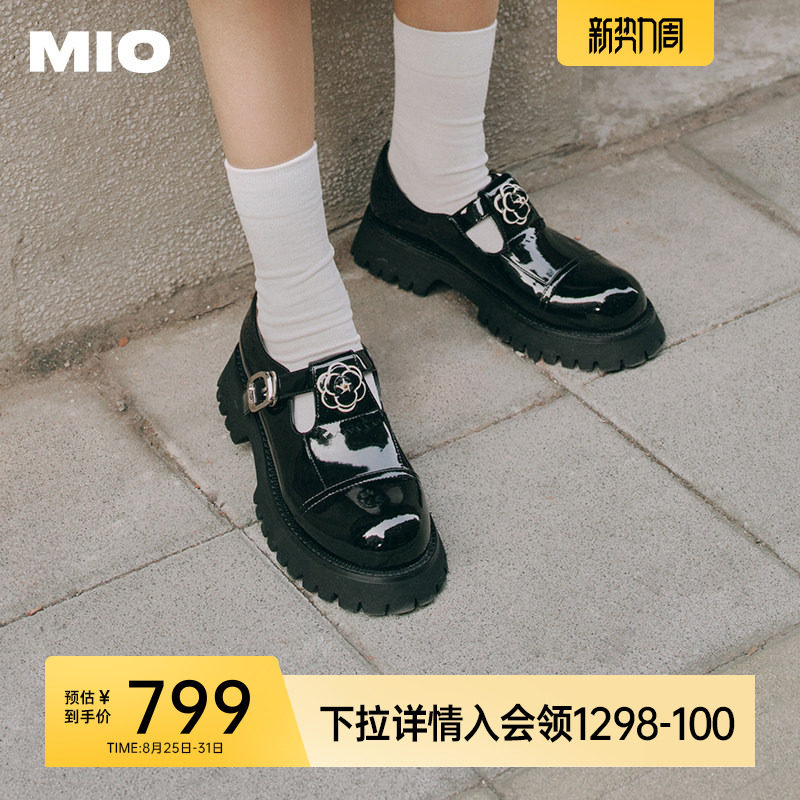 MIO米奥春季中跟单鞋复古山茶花显高厚底时髦玛丽珍鞋亮面女鞋