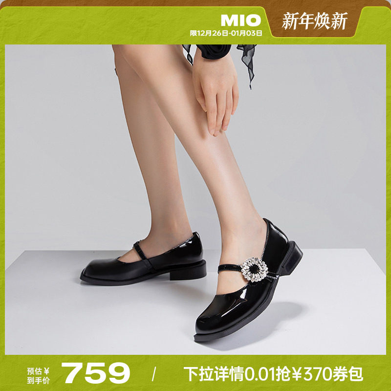 MIO米奥秋季英伦风舒适低跟浅口单鞋花朵钻饰甜酷复古玛丽珍女鞋