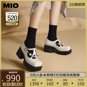 MIO米奥2024年春季新款方头高跟复古玛丽珍鞋珍珠钻链厚底单鞋女