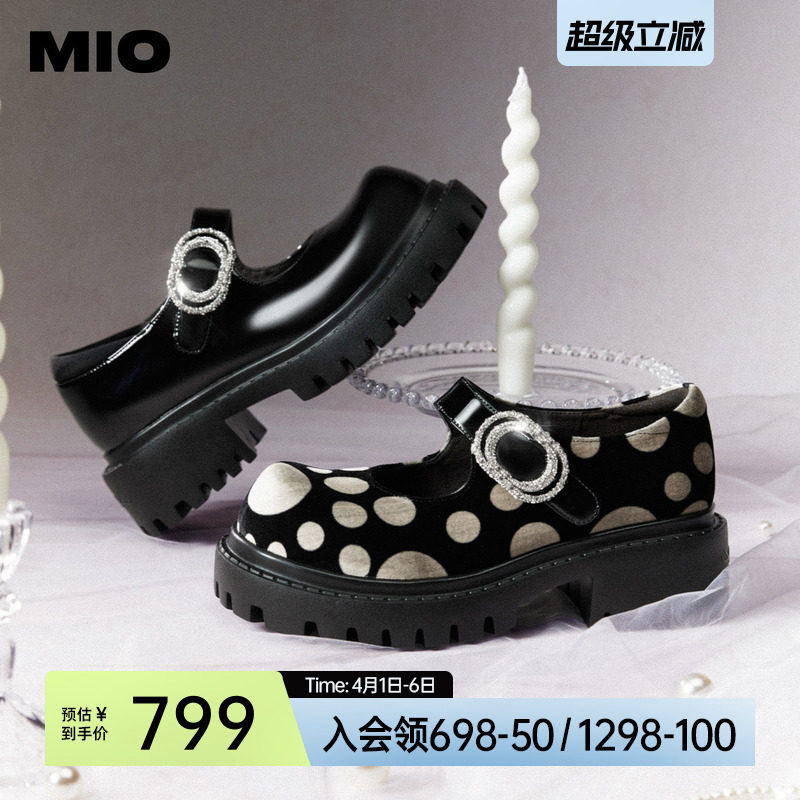MIO米奥玛丽珍鞋春夏款时尚波点魔术贴厚底增高5cm扣饰单鞋女