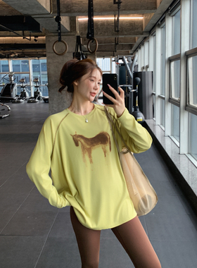 宽松显瘦健身服大码胖mm跑步瑜伽上衣速干印花运动T恤女长款罩衫