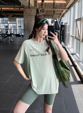显瘦宽松大码胖mm女健身服瑜伽服上衣速干衣跑步字母拼接运动T恤