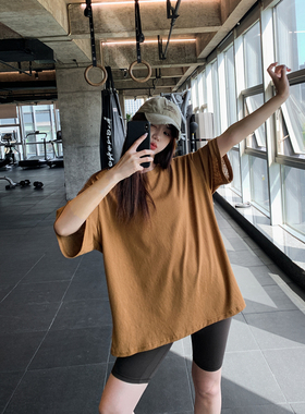 宽松显瘦大码胖mm健身服女纯色运动T恤速干跑步瑜伽服上衣遮屁股