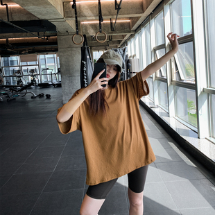 宽松显瘦大码 胖mm健身服女纯色运动T恤速干跑步瑜伽服上衣遮屁股