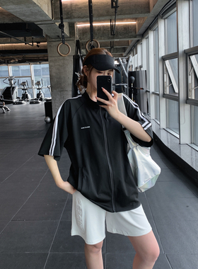 撞色显瘦宽松大码胖mm女健身服瑜伽服上衣速干衣跑步训练外套罩衫