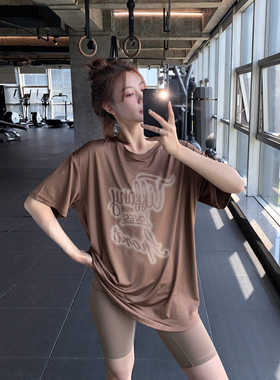 显瘦宽松大码胖mm女健身服瑜伽服上衣速干跑步长款字母运动T恤衫