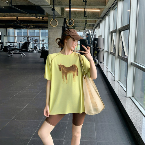 宽松显瘦健身服大码胖mm跑步瑜伽上衣速干印花运动T恤女长款罩衫