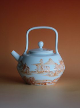 葭元里茶集「茶疏/圃园」慕古矾红手書款 原矿胎釉提梁壶280c