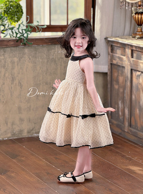 Domikids女童2025新款赫本风公主裙波点法式连衣裙蝴蝶结无袖挂脖