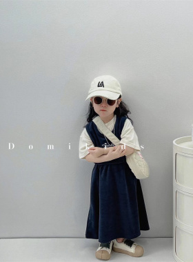 Domi女童夏日背心裙休闲套装女宝宝白色T恤阔腿裤两件套韩版洋气