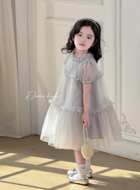 Domikids女童夏季连衣裙灰色珍珠领蝴蝶结网纱公主裙宝宝生日纱裙