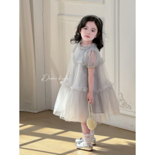 连衣裙灰色珍珠领蝴蝶结网纱公主裙宝宝生日纱裙 Domikids女童夏季
