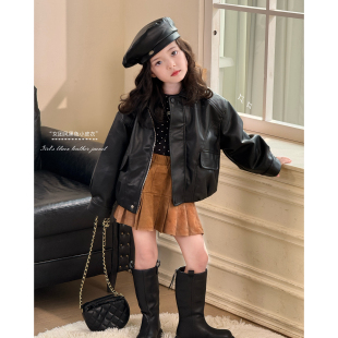Domikids女童黑色皮衣2025年新款 上衣机车风夹克外套 洋气炸街短款