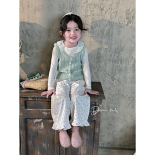 +薄荷绿针织马甲+小碎花直筒裤 Domikids女童春季 新款 打底衫 套装
