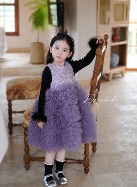 Domikids女童连衣裙秋季新款公主高级感紫色蓬蓬纱裙宝宝生日礼服