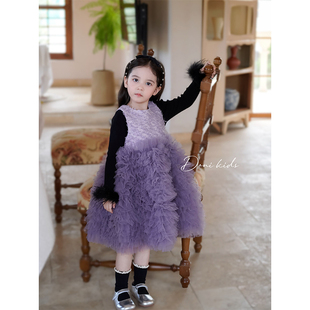 Domikids女童连衣裙秋季新款公主高级感紫色蓬蓬纱裙宝宝生日礼服