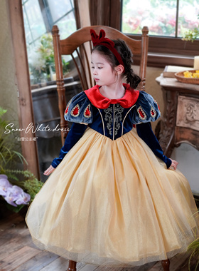 Domikids女童重工泡泡袖白雪公主裙小女孩洋气丝绒长袖公主礼服裙