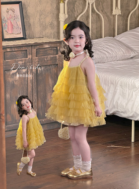 Domikids女童黄色吊带网纱公主裙儿童时髦洋气蓬蓬蛋糕裙短裤套装