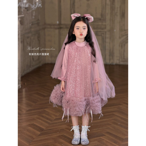 Domi女童蓬蓬裙2026年新款粉紫色亮片公主裙小女孩生日花童礼服裙