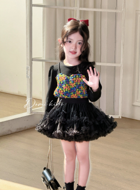 Domikids女童蓬蓬裙2025秋季新款黑色蝴蝶结tutu裙＋长袖打底衫潮