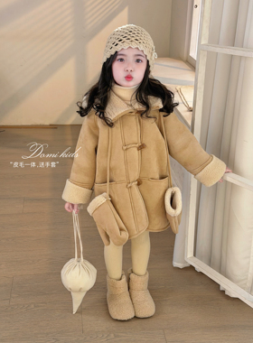 Domi女童韩版皮毛一体外套2025年秋冬新款儿童加厚保暖连帽大衣