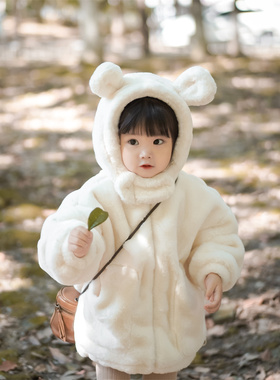 Domikids女童冬装2022年新款小白熊连帽外套儿童加厚保暖毛毛大衣