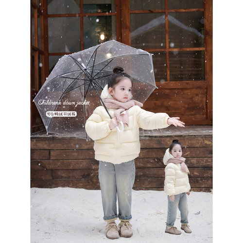 Domikids儿童羽绒服2024冬季新款时尚轻薄面包服宝宝白色连帽外套