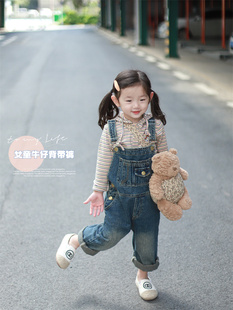 Domikids女童2024秋季 牛仔背带裤 儿童简约宽松洋气春秋长裤 新款