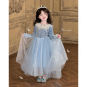 Domikids女童蓝色艾莎公主裙冰雪丝绒长袖 披风连衣裙羽毛生日演出