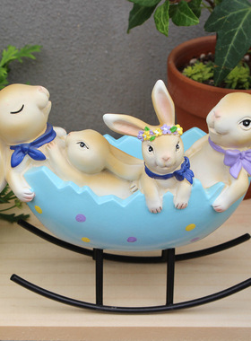 跨境彩蛋摇篮兔子树脂摆件创意家居户外庭院草坪门廊复活节装饰品