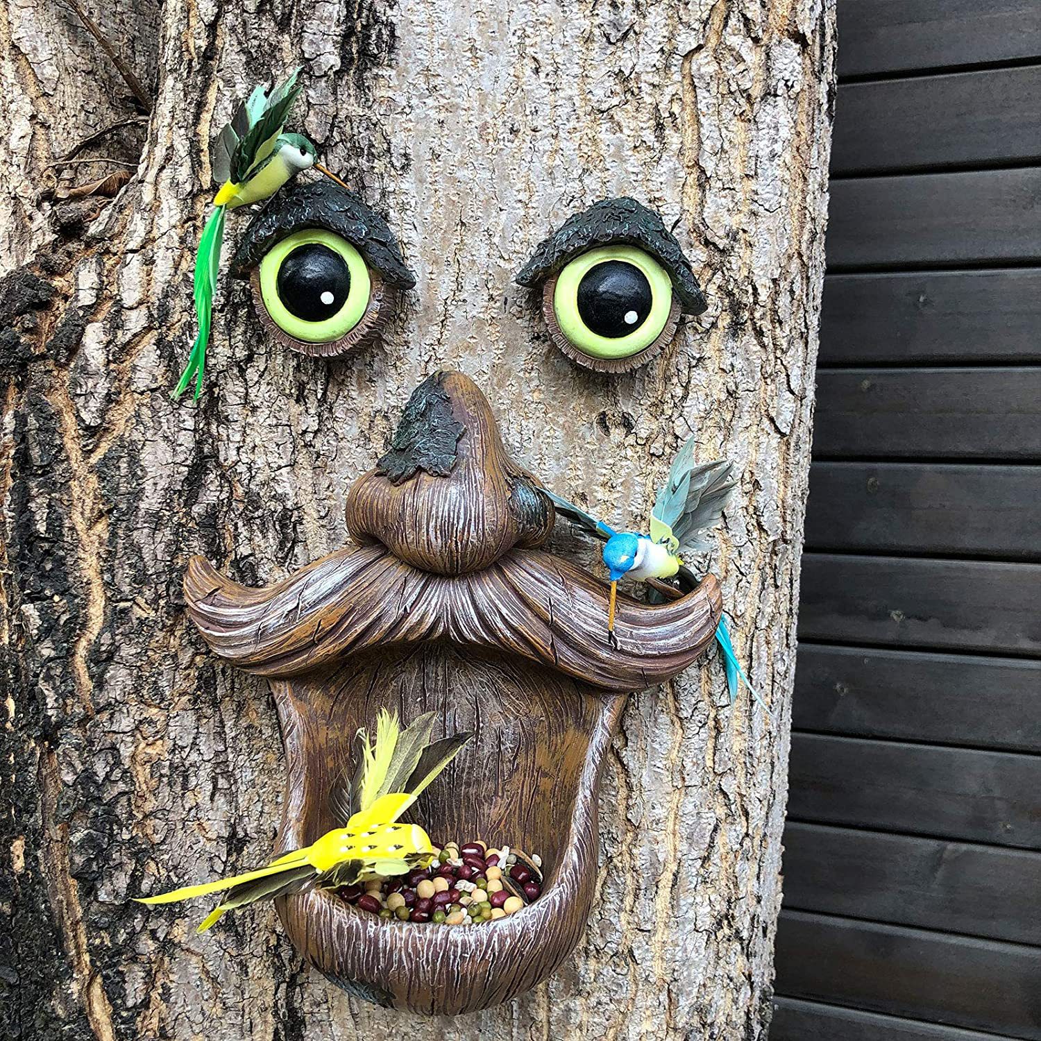 Garden birdfeeder 跨境树脂工艺品 树脸喂鸟器户外趣味树雕装饰