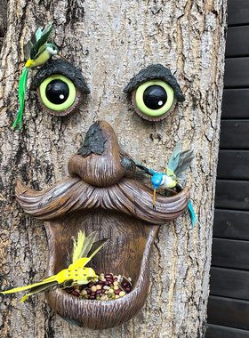 Garden birdfeeder 跨境树脂工艺品 树脸喂鸟器户外趣味树雕装饰
