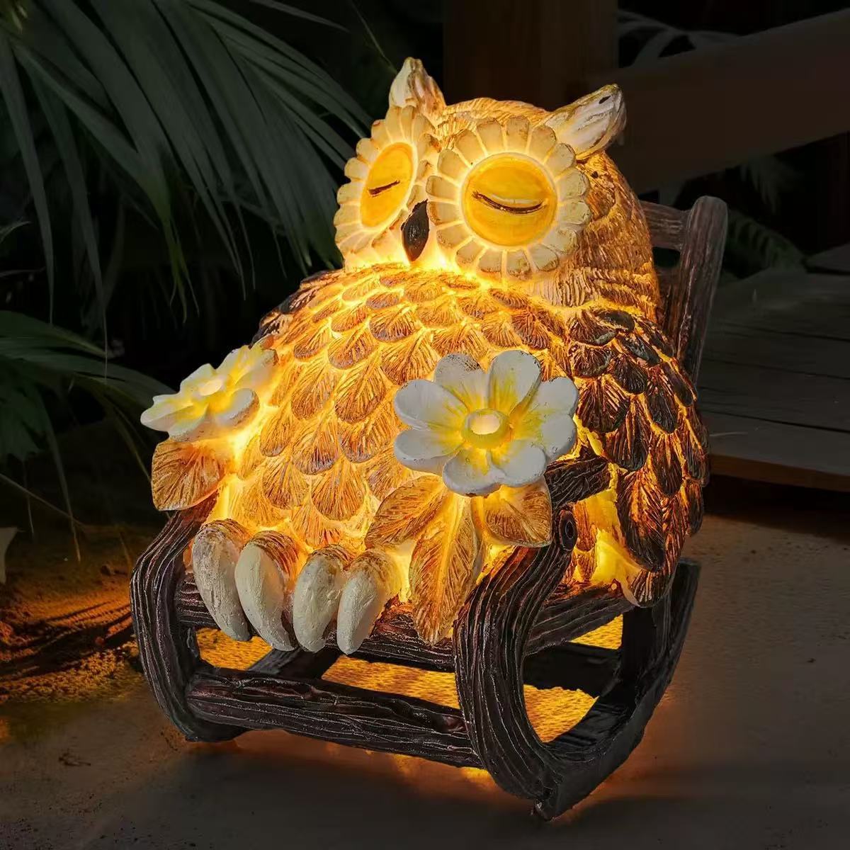 跨境太阳能发光猫头鹰躺椅摆件 适合花园 庭院壁炉 桌面装饰