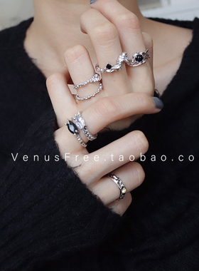 叠戴天花板 甜酷闪闪925纯银黑玛瑙白钻异形戒指环开口冷淡风简约