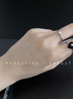 韩国925纯银天然黑玛瑙宝石爱心小颗米粒珍珠戒指环开口叠戴简约