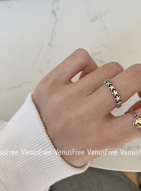 vintage韩国博主款 925纯银金色爱心麻花/星星做旧戒指环简约复古