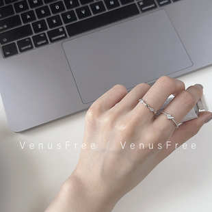 VenusFree精致叠戴925纯银闪钻爱心珠珠细款戒指开口韩国进口日常
