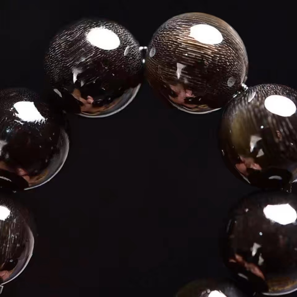 披毛犀高端牛角黑金手串竹丝纹鱼籽纹清晰可见文玩手串高端收藏